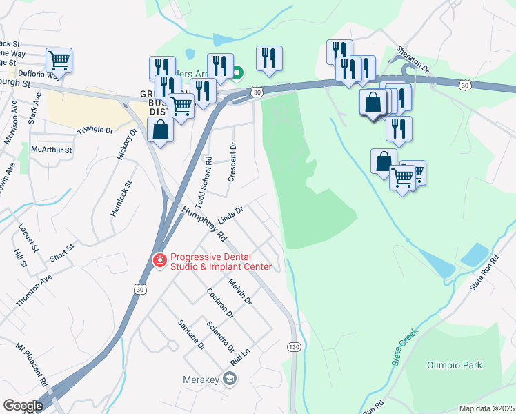 map of restaurants, bars, coffee shops, grocery stores, and more near 221 Linda Drive in Greensburg