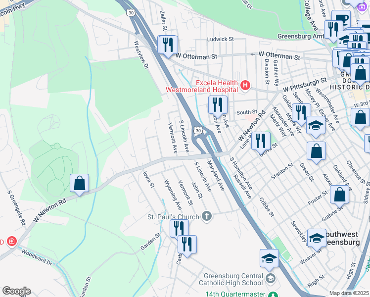 map of restaurants, bars, coffee shops, grocery stores, and more near 140 South Lincoln Avenue in Greensburg