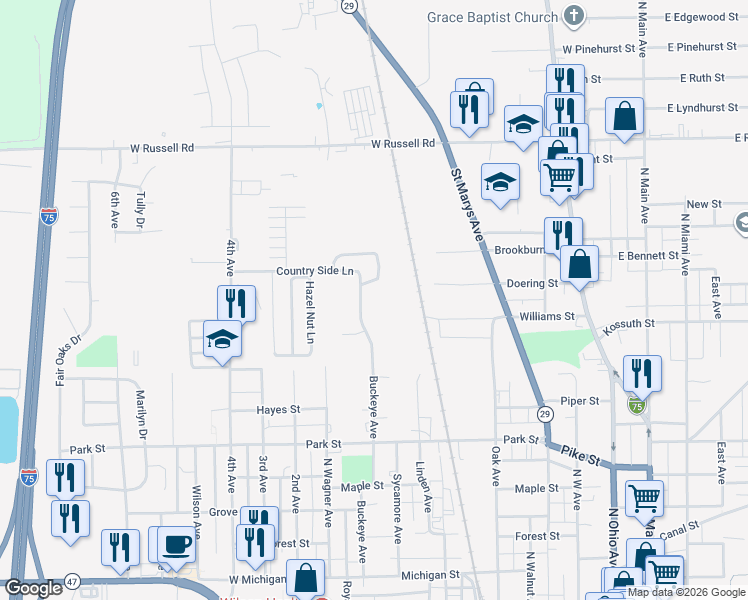 map of restaurants, bars, coffee shops, grocery stores, and more near 716-722 Country Side Lane in Sidney