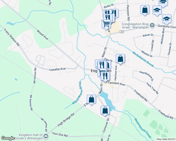 map of restaurants, bars, coffee shops, grocery stores, and more near 29 Water Street in Englishtown