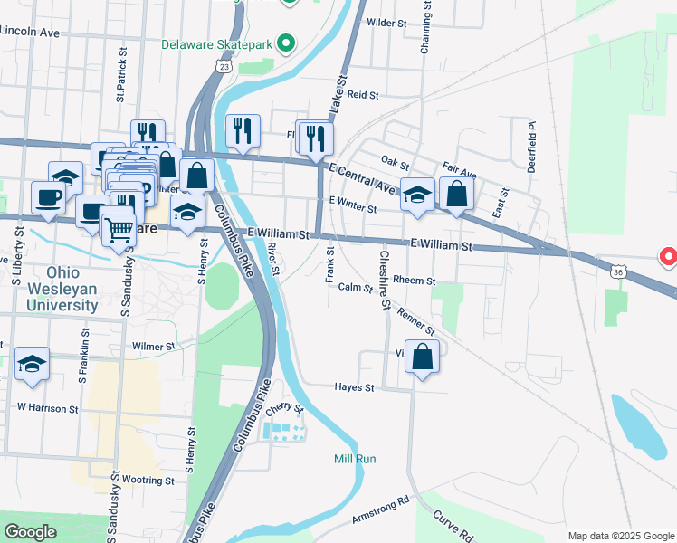 map of restaurants, bars, coffee shops, grocery stores, and more near 27 Frank Street in Delaware