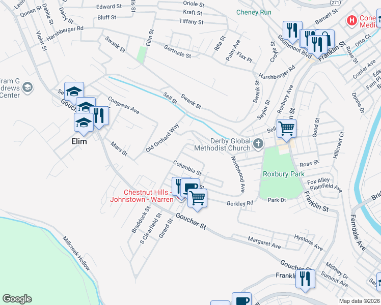 map of restaurants, bars, coffee shops, grocery stores, and more near 352-398 Derby Street in Johnstown