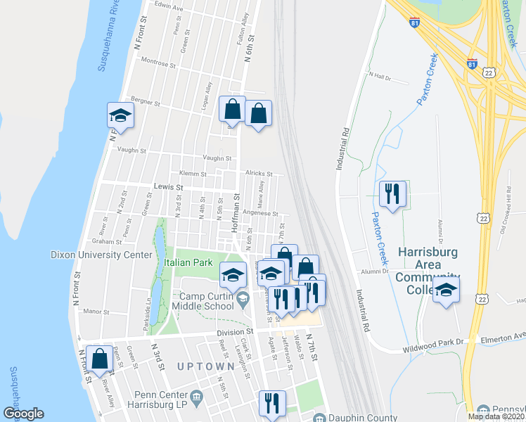 map of restaurants, bars, coffee shops, grocery stores, and more near 3136 Pennwood Road in Harrisburg
