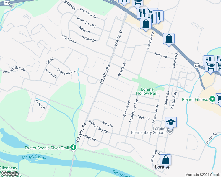 map of restaurants, bars, coffee shops, grocery stores, and more near 4708 Ryan Court in Reading