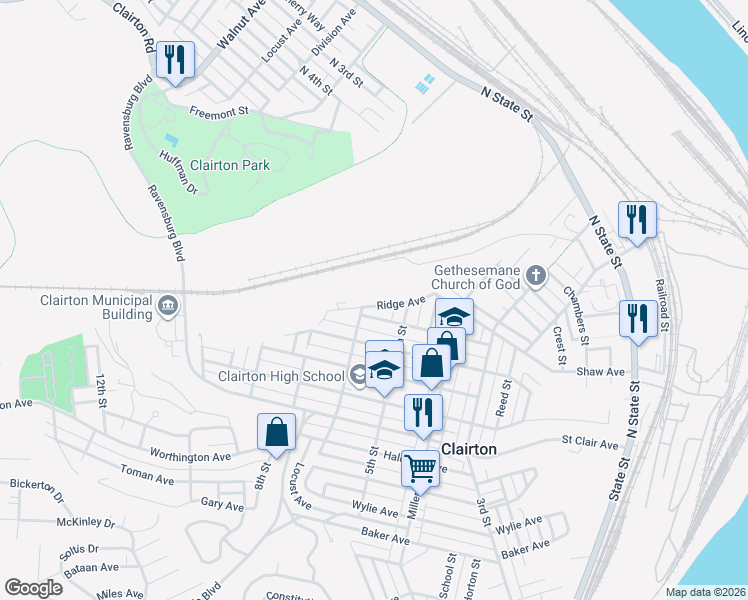 map of restaurants, bars, coffee shops, grocery stores, and more near 535 Ridge Avenue in Clairton