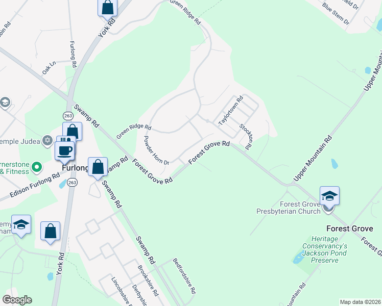 map of restaurants, bars, coffee shops, grocery stores, and more near 3670 Powder Horn Drive in Furlong