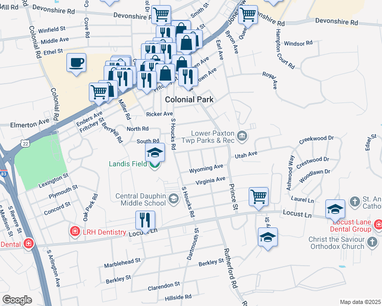 map of restaurants, bars, coffee shops, grocery stores, and more near 4909 Colorado Avenue in Harrisburg