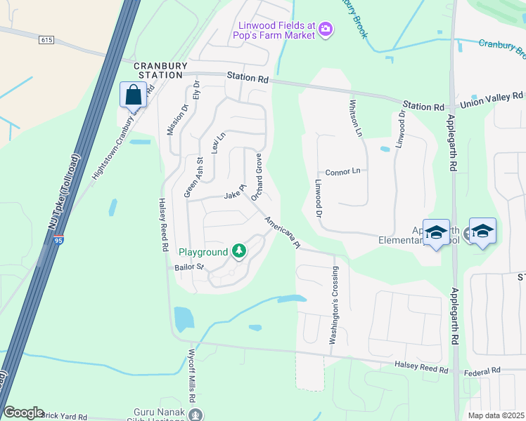 map of restaurants, bars, coffee shops, grocery stores, and more near 6 Americana Place in Monroe Township