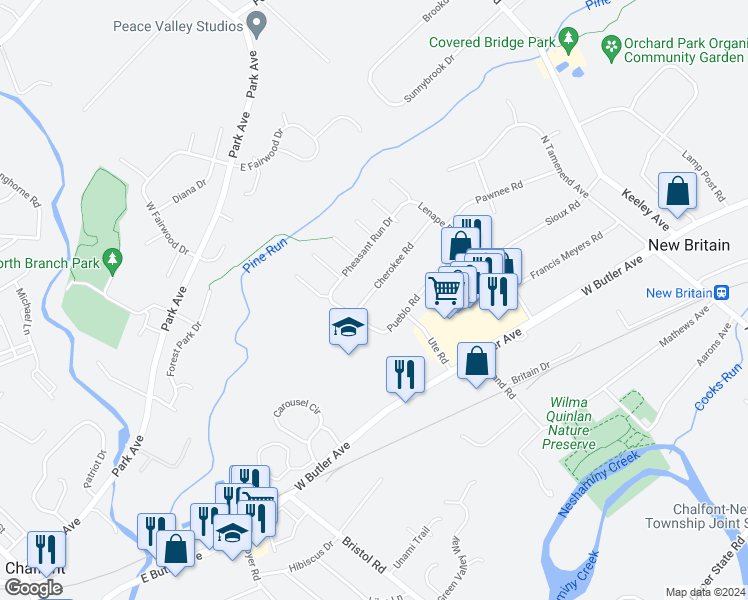 map of restaurants, bars, coffee shops, grocery stores, and more near 124 Cherokee Road in New Britain