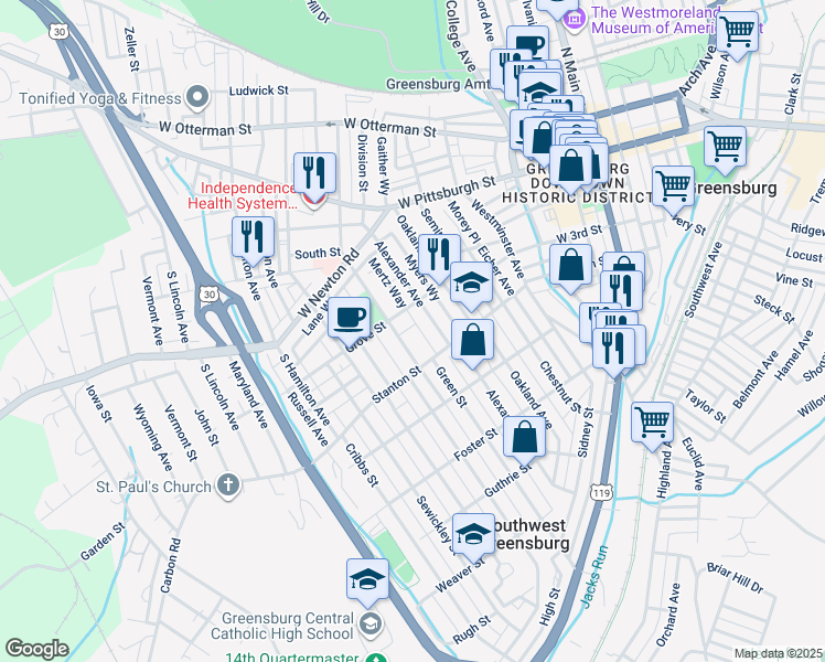map of restaurants, bars, coffee shops, grocery stores, and more near 518 Winesap Avenue in Greensburg