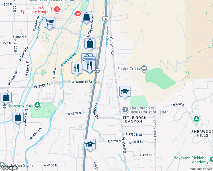 map of restaurants, bars, coffee shops, grocery stores, and more near 203 East 4735 North in Provo