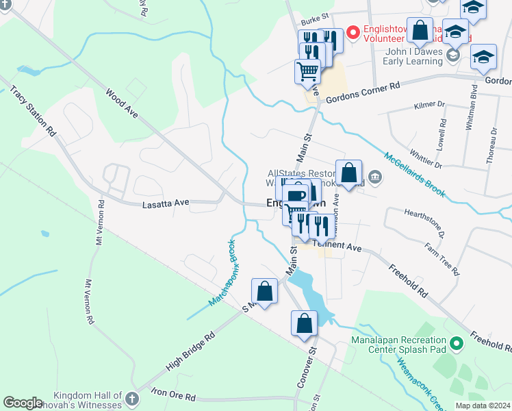 map of restaurants, bars, coffee shops, grocery stores, and more near 30 Water Street in Englishtown