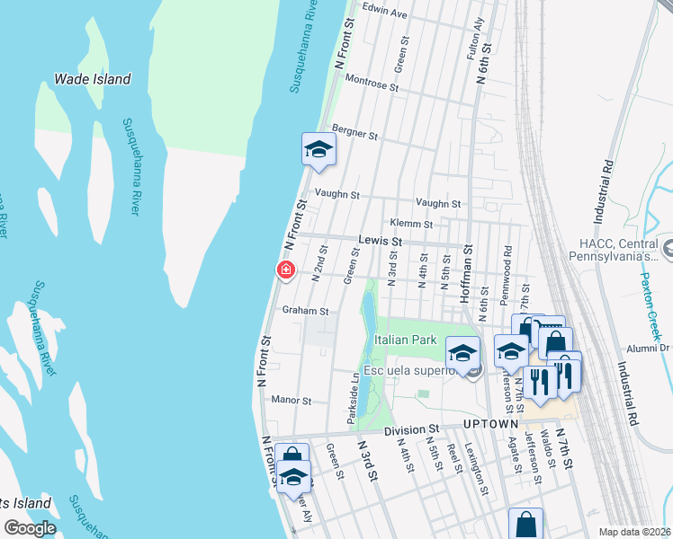 map of restaurants, bars, coffee shops, grocery stores, and more near 3110 Green Street in Harrisburg