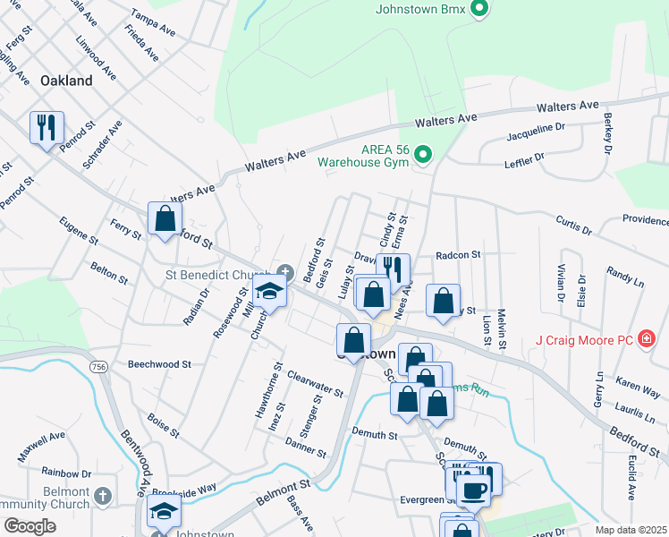 map of restaurants, bars, coffee shops, grocery stores, and more near 121-199 Lulay St in Johnstown