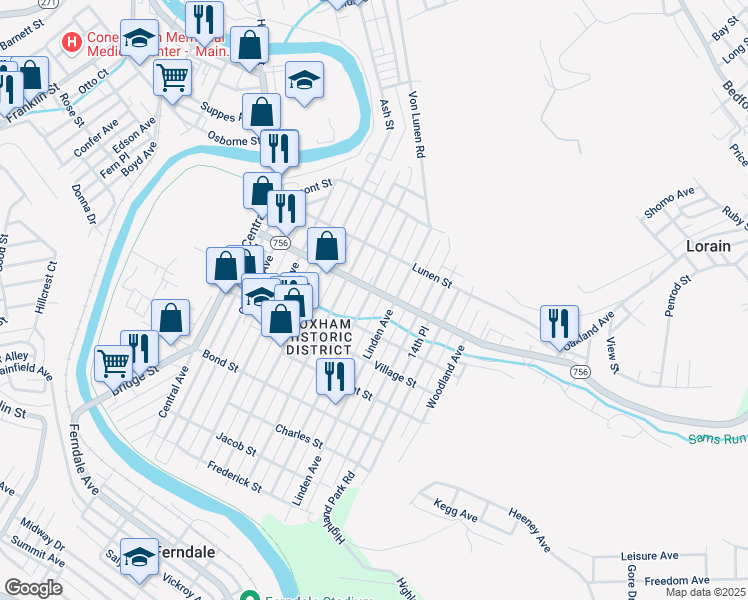 map of restaurants, bars, coffee shops, grocery stores, and more near 240 Ohio Street in Johnstown
