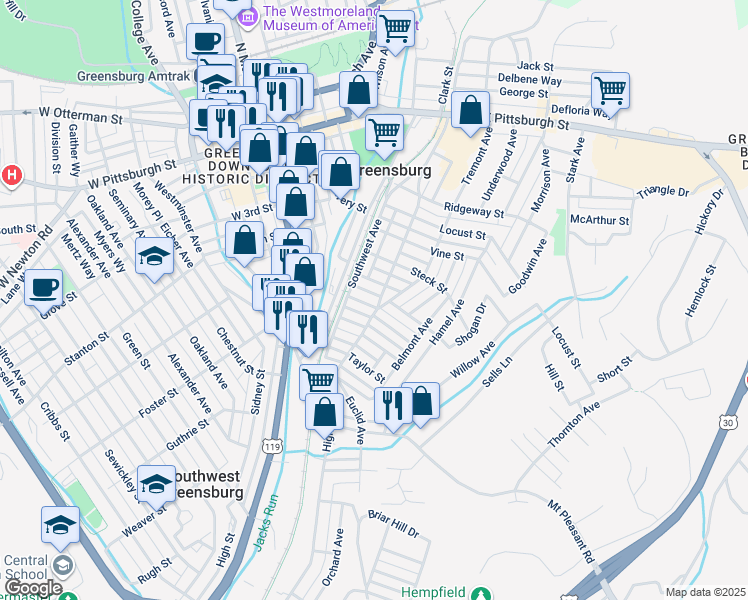 map of restaurants, bars, coffee shops, grocery stores, and more near 540 Tremont Avenue in Greensburg