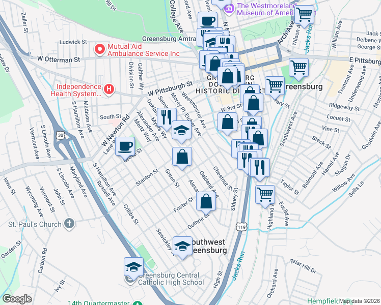 map of restaurants, bars, coffee shops, grocery stores, and more near 338 Stanton Street in Greensburg