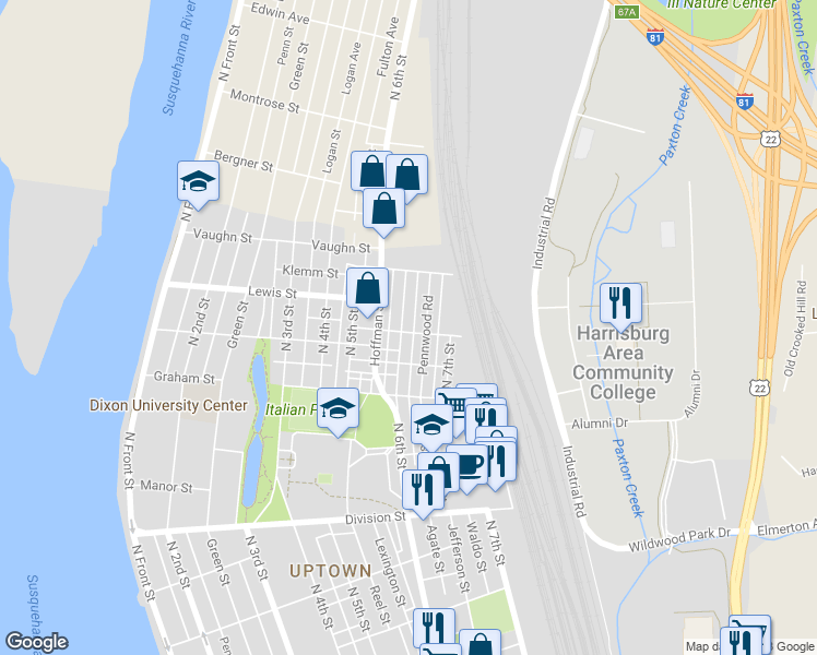 map of restaurants, bars, coffee shops, grocery stores, and more near 3135 North 6th Street in Harrisburg