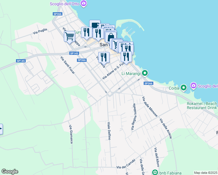 map of restaurants, bars, coffee shops, grocery stores, and more near Via Eolo in San Foca