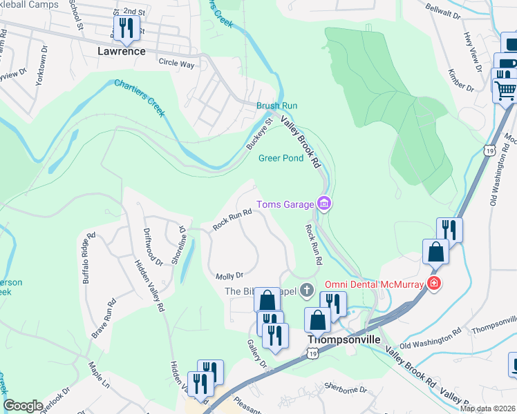 map of restaurants, bars, coffee shops, grocery stores, and more near 205 Rock Run Road in Canonsburg
