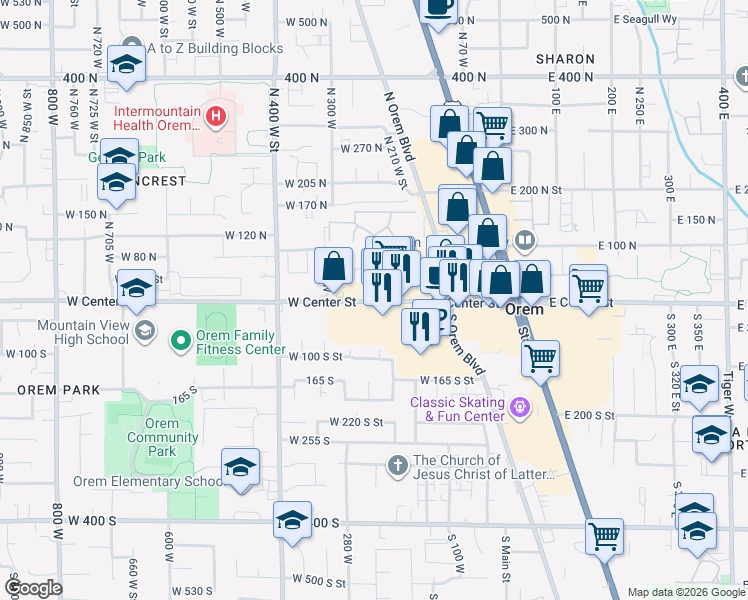 map of restaurants, bars, coffee shops, grocery stores, and more near 8 North Garden Park Drive in Orem