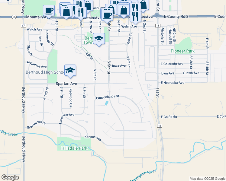 map of restaurants, bars, coffee shops, grocery stores, and more near 510 South 5th Street in Berthoud