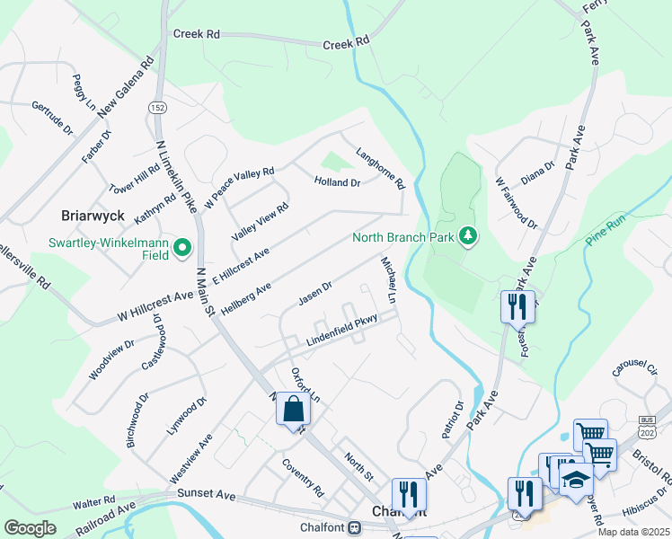 map of restaurants, bars, coffee shops, grocery stores, and more near 75 Jasen Drive in Chalfont