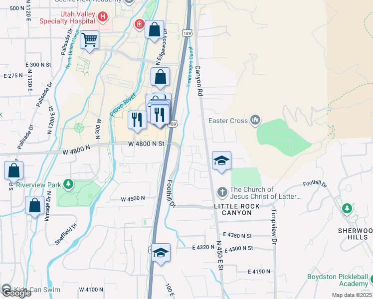 map of restaurants, bars, coffee shops, grocery stores, and more near 203 East 4735 North in Provo