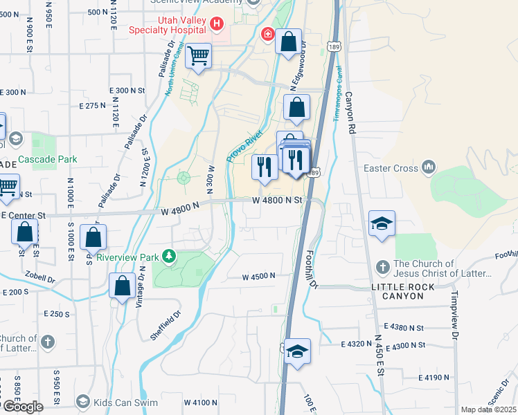 map of restaurants, bars, coffee shops, grocery stores, and more near 77 West 4800 North in Provo