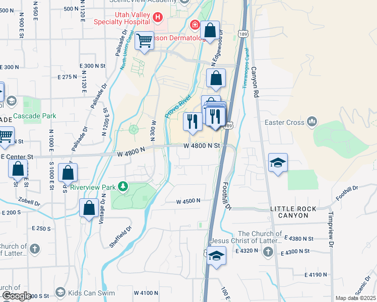 map of restaurants, bars, coffee shops, grocery stores, and more near 77 West 4800 North in Provo
