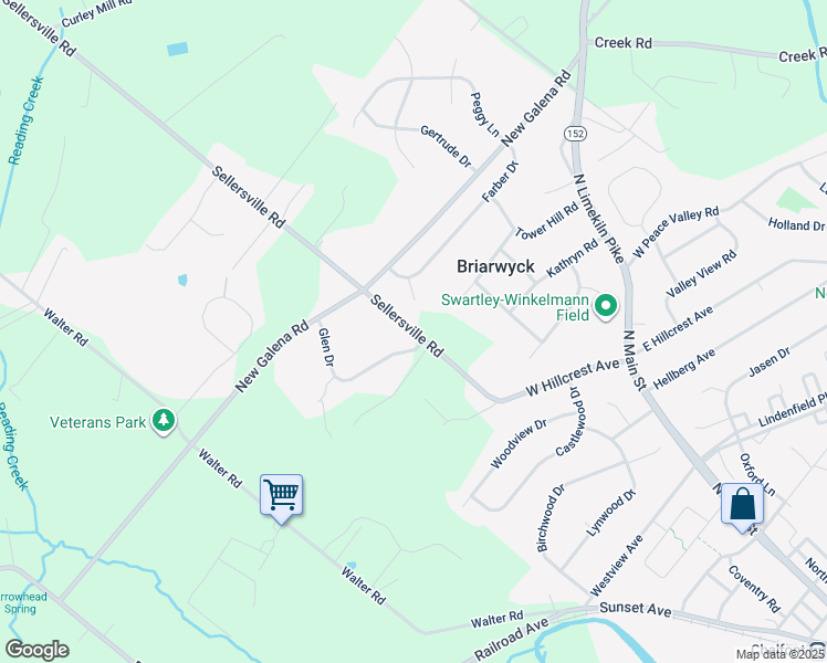 map of restaurants, bars, coffee shops, grocery stores, and more near 63 Sellersville Road in Chalfont