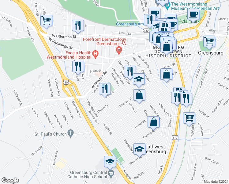 map of restaurants, bars, coffee shops, grocery stores, and more near 534 Grove Street in Greensburg