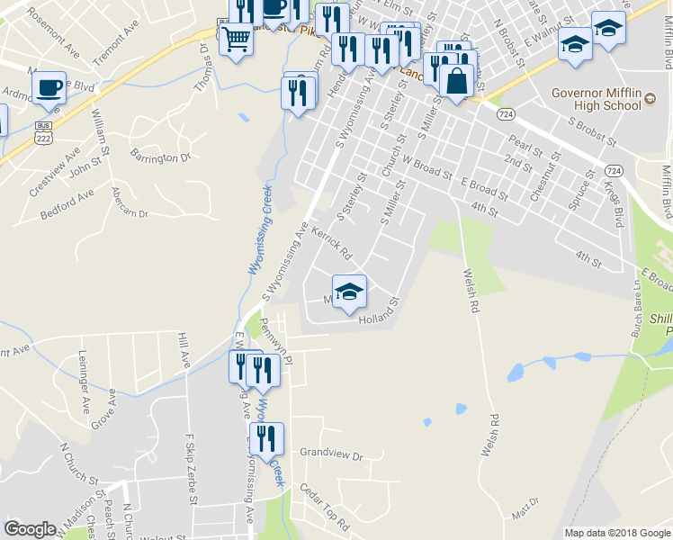 map of restaurants, bars, coffee shops, grocery stores, and more near 404 South Miller Street in Shillington