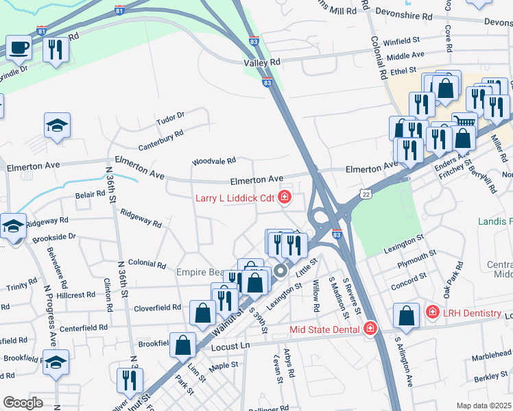 map of restaurants, bars, coffee shops, grocery stores, and more near 22 Chestnut Street in Harrisburg