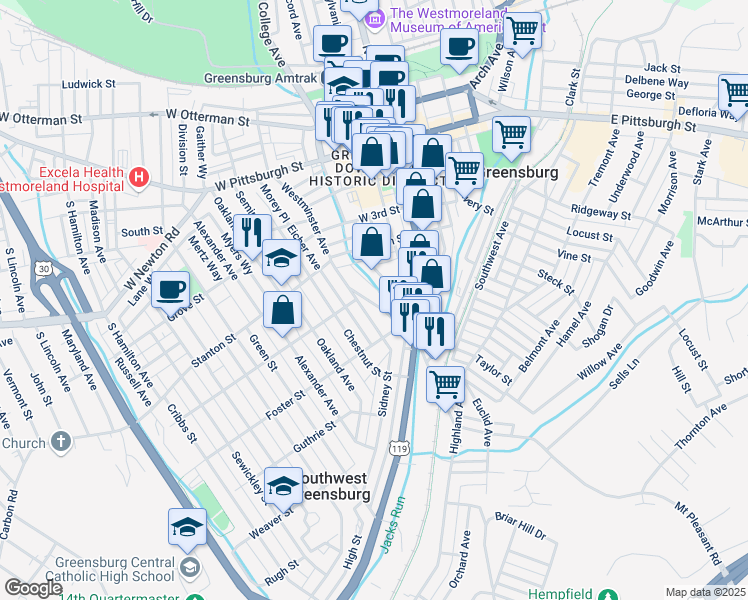 map of restaurants, bars, coffee shops, grocery stores, and more near 509 Westminster Avenue in Greensburg