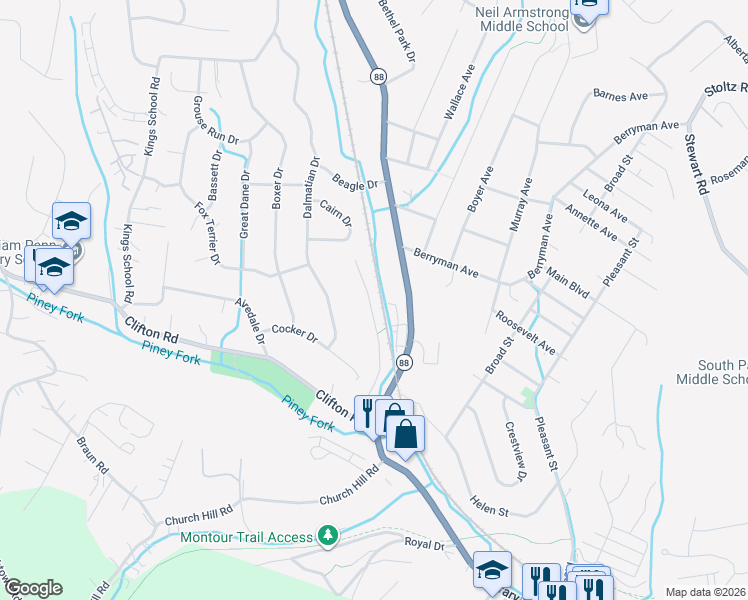 map of restaurants, bars, coffee shops, grocery stores, and more near 1204 Timberidge Drive in Bethel Park