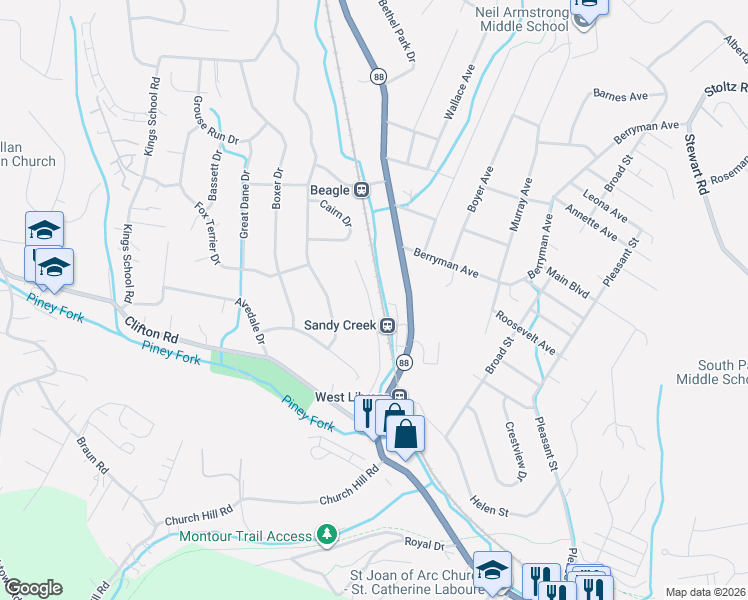 map of restaurants, bars, coffee shops, grocery stores, and more near 1204 Timberidge Drive in Bethel Park