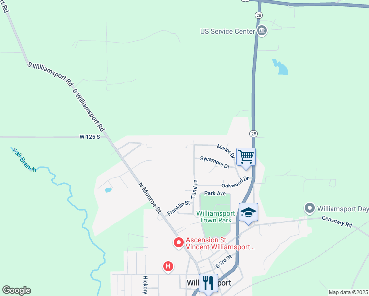 map of restaurants, bars, coffee shops, grocery stores, and more near Misty Lane in Williamsport