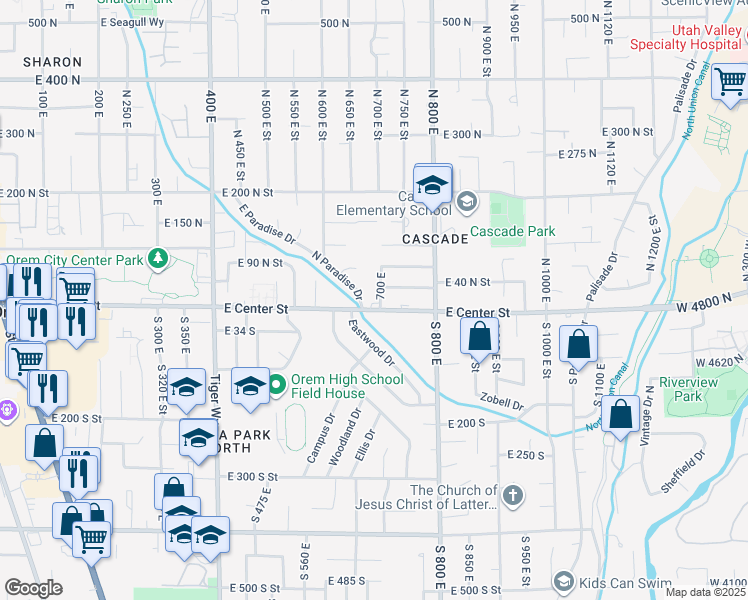 map of restaurants, bars, coffee shops, grocery stores, and more near 28 North Paradise Drive in Orem