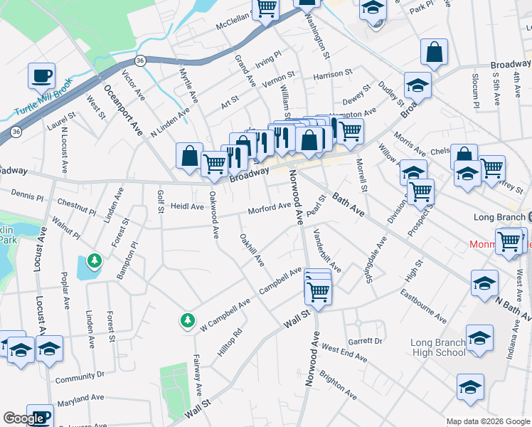 map of restaurants, bars, coffee shops, grocery stores, and more near 630 Morford Avenue in Long Branch