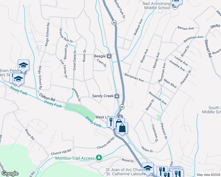 map of restaurants, bars, coffee shops, grocery stores, and more near 1204 Timberidge Drive in Bethel Park