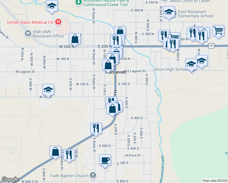 map of restaurants, bars, coffee shops, grocery stores, and more near 160 Main Street in Roosevelt
