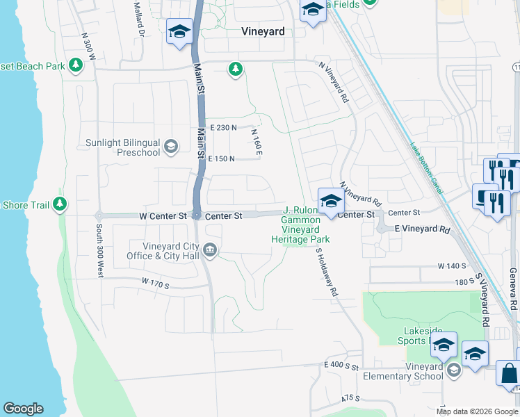map of restaurants, bars, coffee shops, grocery stores, and more near 127 East Water Lane in Vineyard