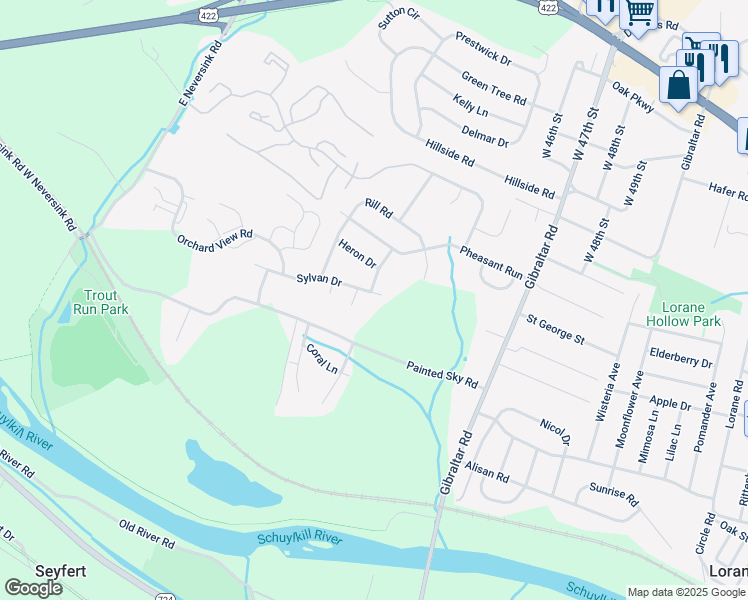 map of restaurants, bars, coffee shops, grocery stores, and more near 4415 Sylvan Drive in Reading