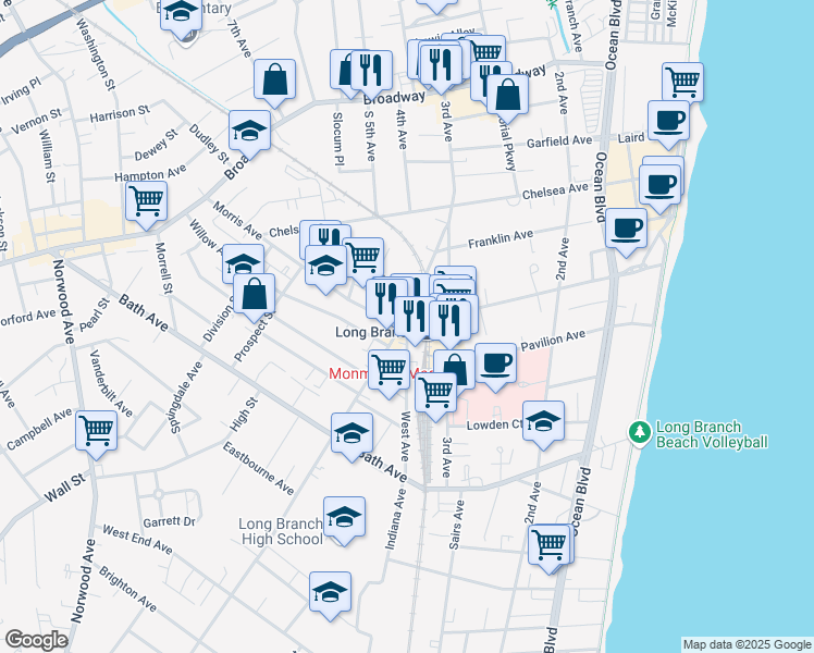 map of restaurants, bars, coffee shops, grocery stores, and more near Morris Ave & West Ave in Long Branch