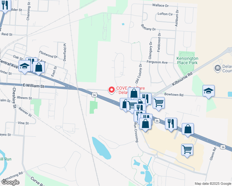 map of restaurants, bars, coffee shops, grocery stores, and more near 599 U.S. 36 in Delaware