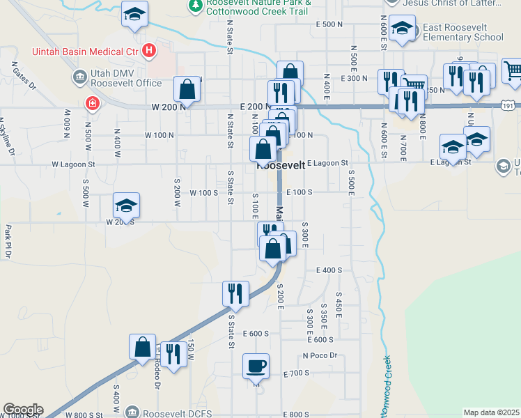 map of restaurants, bars, coffee shops, grocery stores, and more near 157 South 100 East in Roosevelt