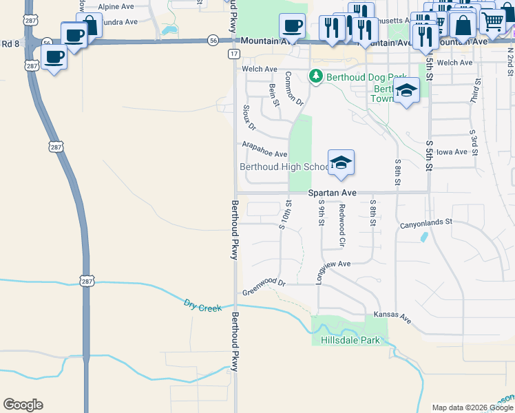 map of restaurants, bars, coffee shops, grocery stores, and more near 403 Cheyenne Drive in Berthoud