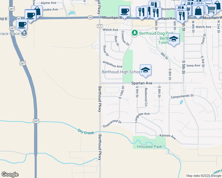 map of restaurants, bars, coffee shops, grocery stores, and more near 403 Cheyenne Drive in Berthoud