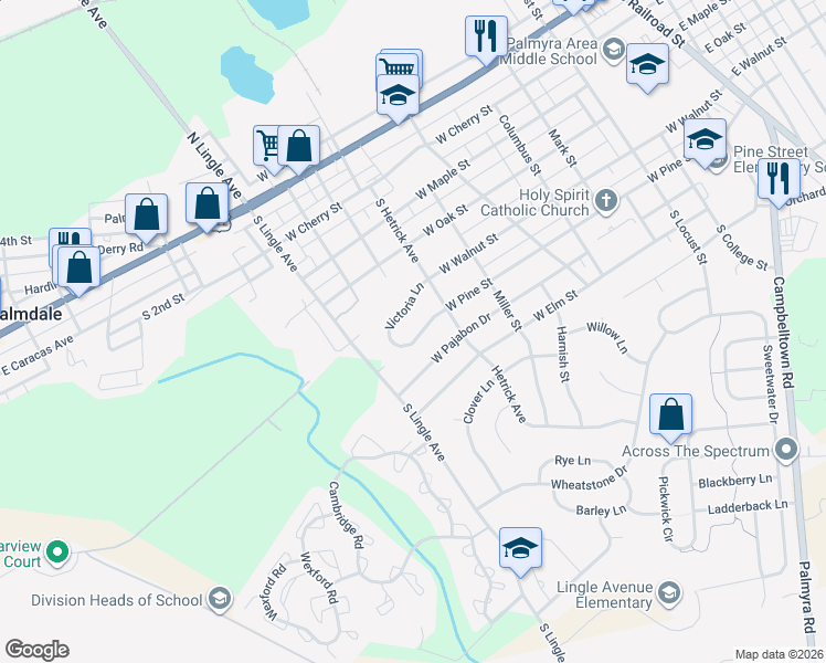 map of restaurants, bars, coffee shops, grocery stores, and more near 845 Victoria Lane in Palmyra